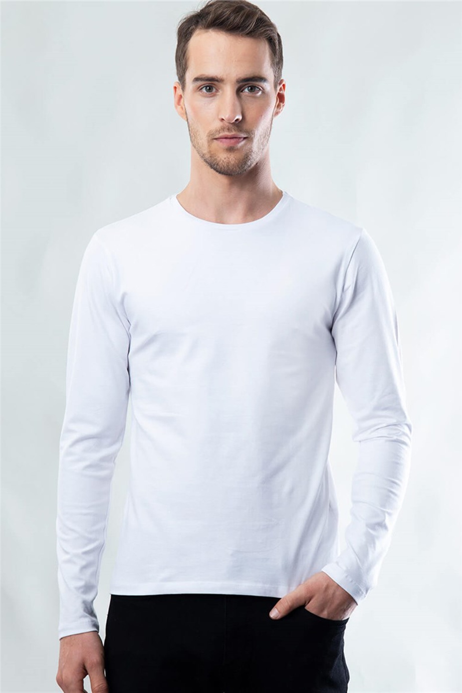 Slim Fit Dar Kesim Bisiklet Yaka Düz Basıc Uzun Kol Penye