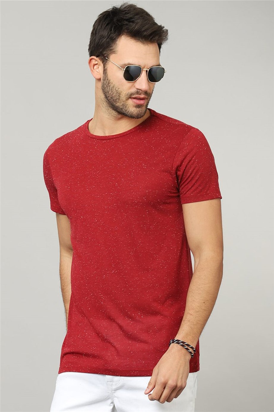 Slim Fit Dar Kesim Bisiklet Yaka Nokta Baskılı Erkek T-Shirt