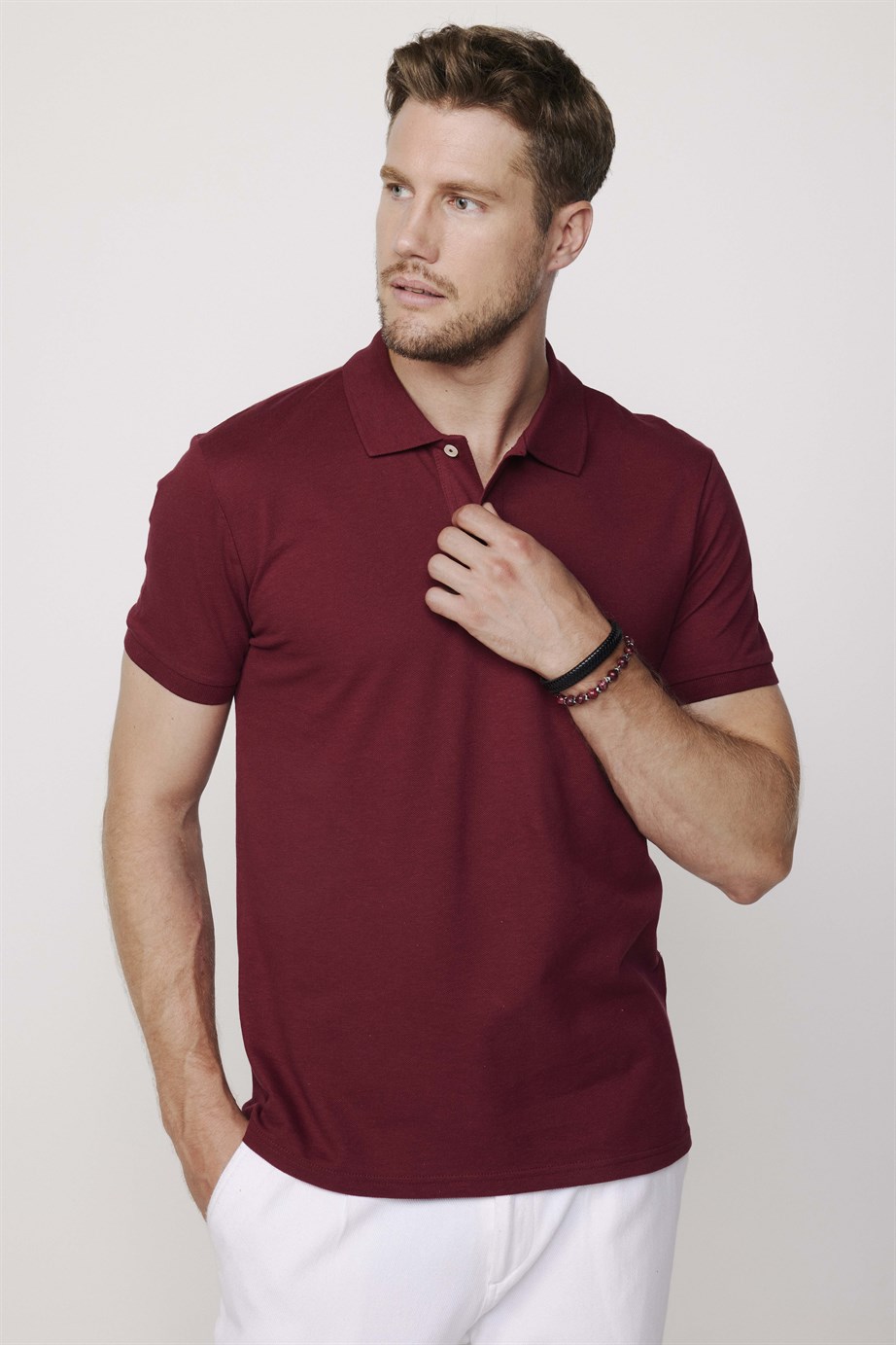 Erkek Polo Yaka Slim Fit Düz Pamuk Pike Kırmızı Tişört