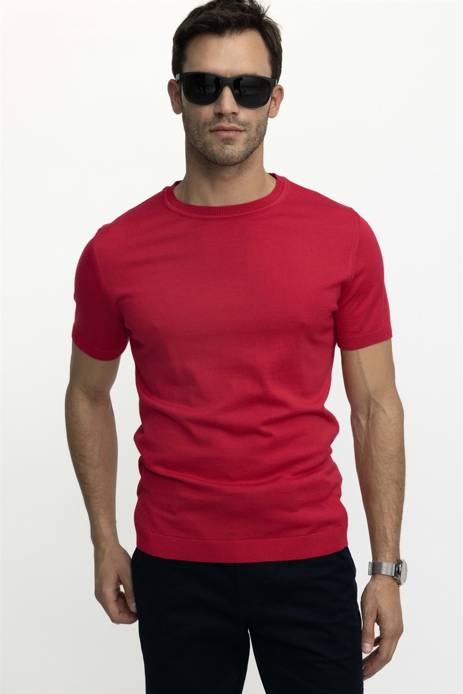 Erkek Bisiklet Yaka Slim Fit Pamuklu Örme Triko Tişört