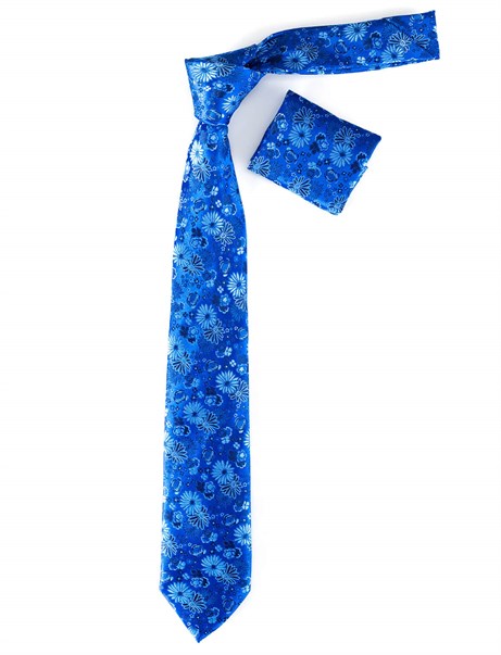 Çiçek Desenli Mavi Kravat