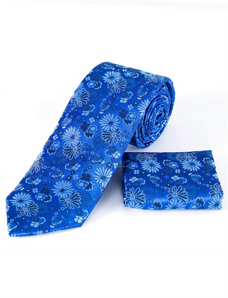 Çiçek Desenli Mavi Kravat
