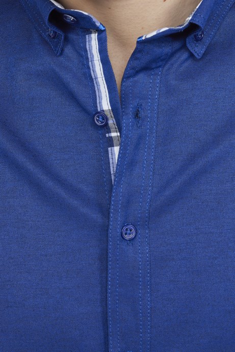 Slim Fit Pamuklu Kolay Ütü Düz Erkek Sax Mavi Gömlek