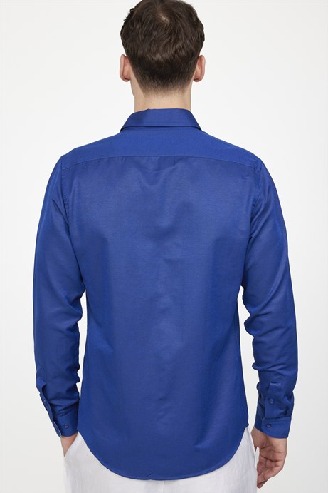 Slim Fit Pamuklu Kolay Ütü Düz Erkek Sax Mavi Gömlek