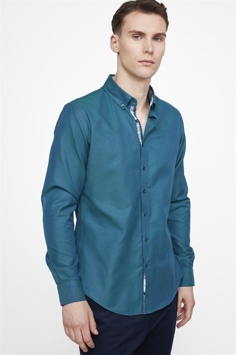 Slim Fit Pamuklu Kolay Ütü Düz Erkek Yeşil Gömlek