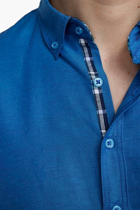 Slim Fit Pamuklu Kolay Ütü Düz Erkek Sax Mavisi Gömlek