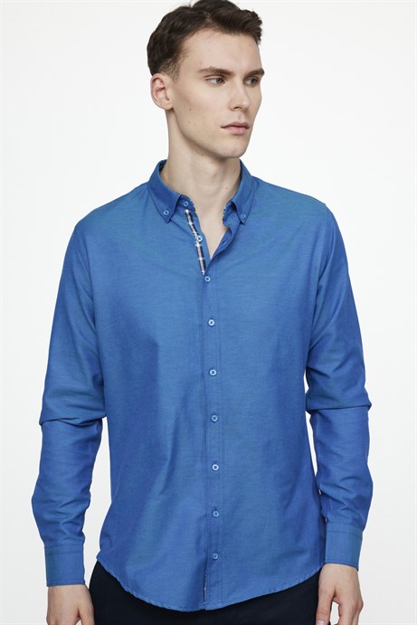 Slim Fit Pamuklu Kolay Ütü Düz Erkek Sax Mavisi Gömlek