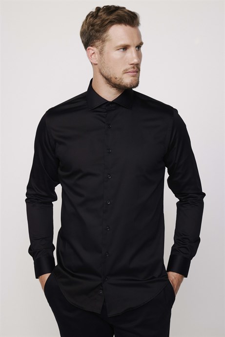 Slim Fit %100 Koton Saten Premium Erkek Siyah Gömlek