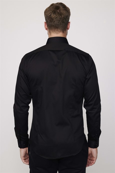 Slim Fit %100 Koton Saten Premium Erkek Siyah Gömlek
