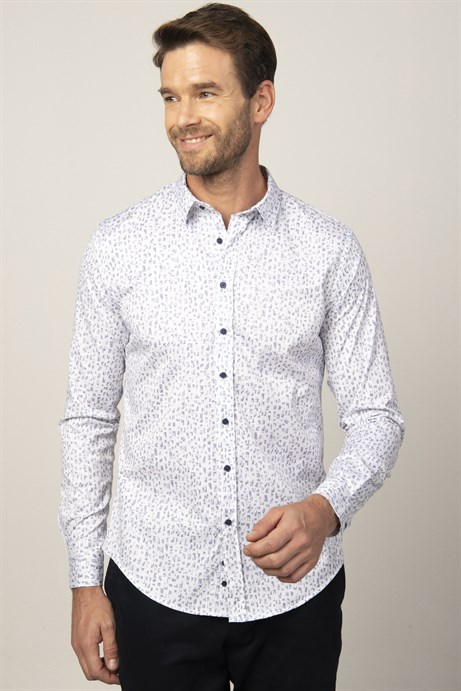 Slim Fit Uzun Kol Baskılı Yaka İçi Biyeli Erkek Gömlek