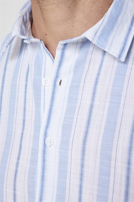 Slim Fit Uzun Kol Çizgili Yaka İçi Biyeli Keten Erkek Beyaz Gömlek