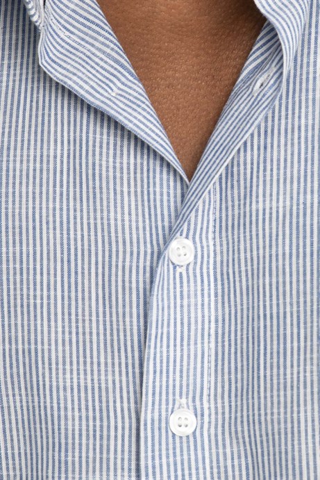Slim Fit Uzun Kol Çizgili Yaka İçi Biyeli Ketenli Erkek Gömlek