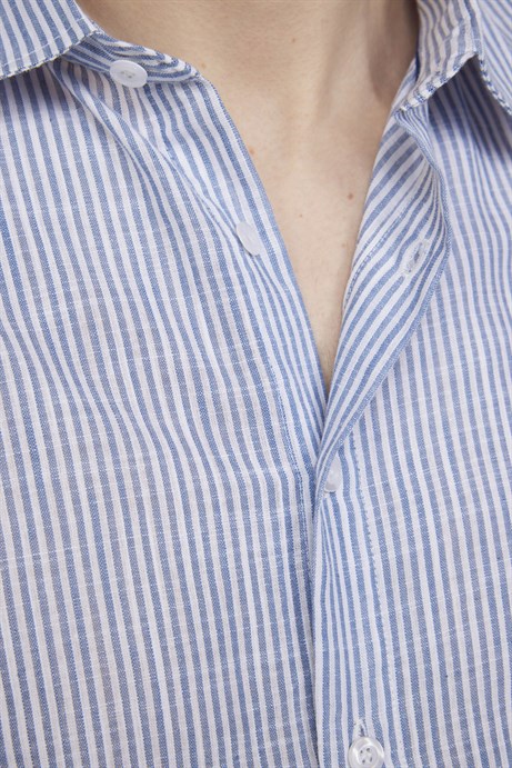 Slim Fit Uzun Kol Çizgili Yaka İçi Biyeli Ketenli Erkek Mavi Gömlek