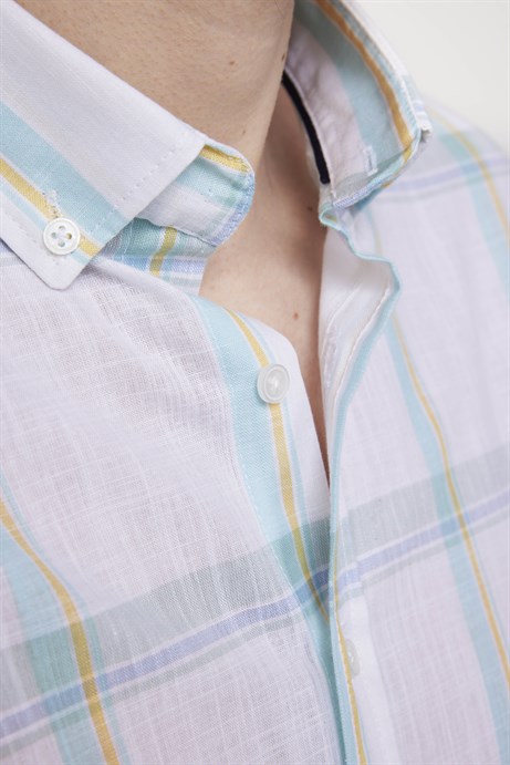 Slim Fit Uzun Kol Kareli Yaka Düğmeli Ketenli Erkek Gömlek
