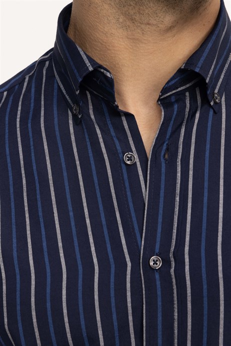 Klasik Fit Rahat Kesim Pamuklu Kolay Ütülenebilir Çizgili Erkek Gömlek