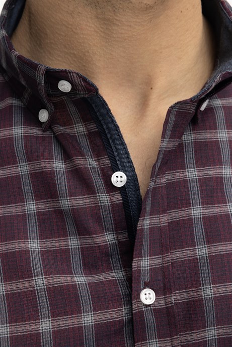 Klasik Fit Ekoseli Biyeli Yaka Düğmeli Erkek Gömlek