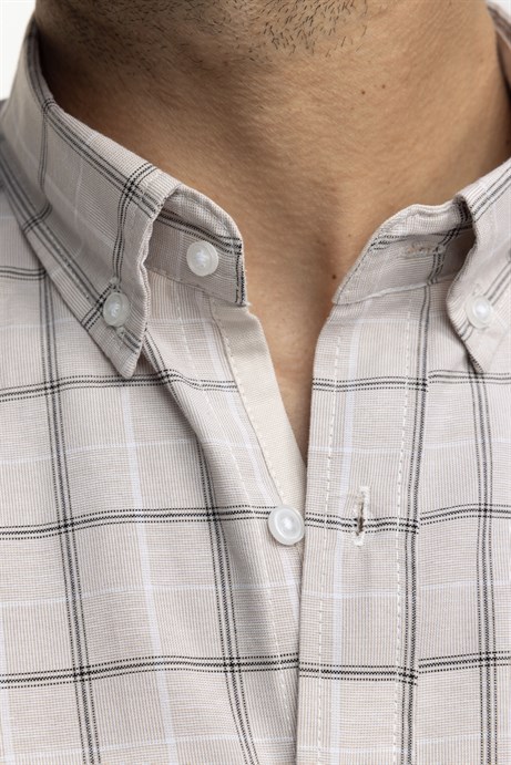 Klasik Fit Kısa Kol Ekoseli Düğmeli Yaka Erkek Gömlek