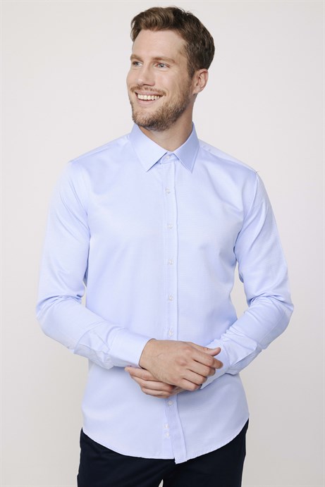 Modern Slim Fit Pamuklu Kolay Ütü Armürlü Erkek Mavi Gömlek