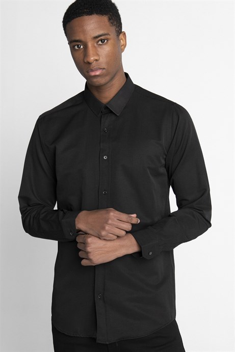 Modern Slim Fit Pamuklu Kolay Ütü Armürlü Erkek Siyah Gömlek