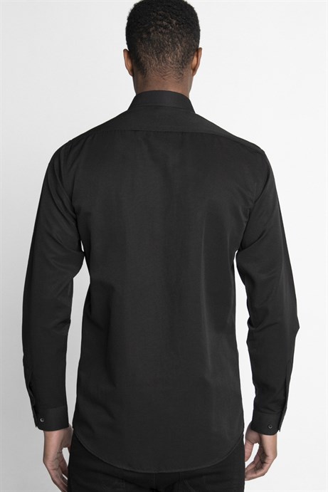 Modern Slim Fit Pamuklu Kolay Ütü Armürlü Erkek Siyah Gömlek