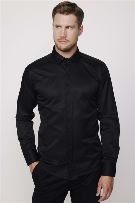 Modern Slim Fit Düz Saten Pamuklu Erkek Siyah Gömlek