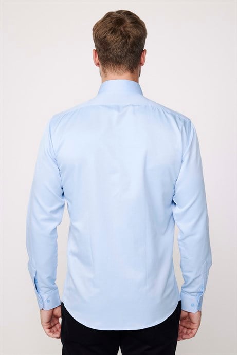 Modern Slim Fit Düz Saten Pamuklu Erkek Sax Mavi Gömlek