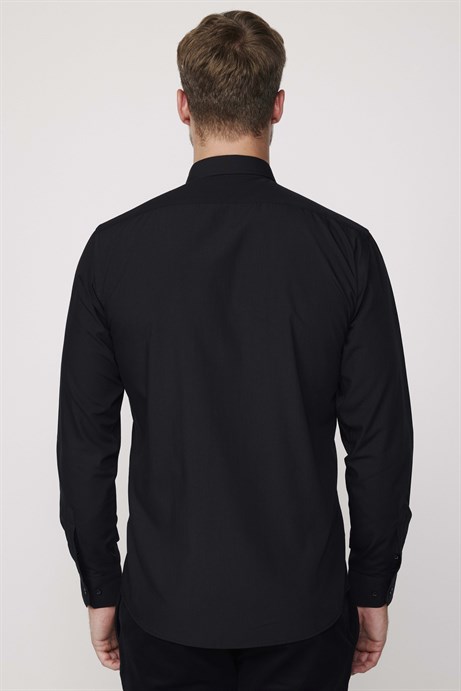 Modern Slim Fit Pamuklu Kolay Ütü Erkek Siyah Gömlek