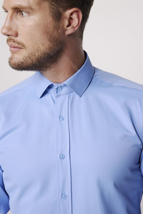 Modern Slim Fit Düz Erkek Mavi Gömlek
