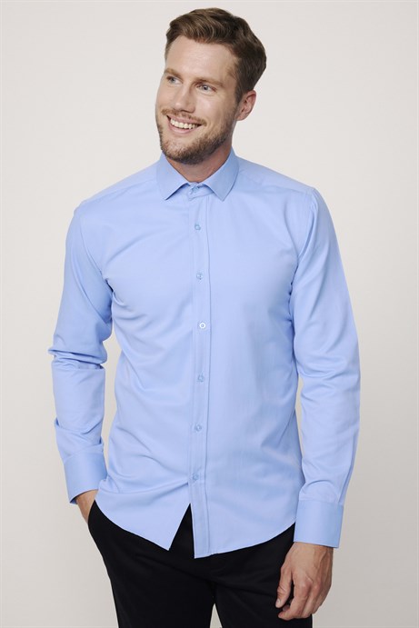 Modern Slim Fit Düz Erkek Mavi Gömlek