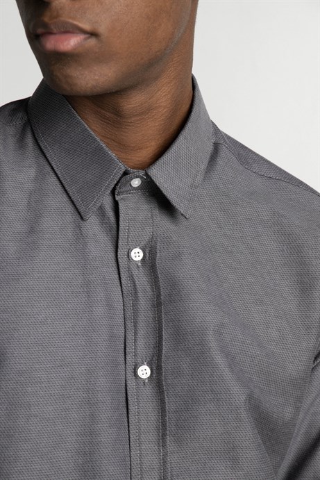Modern Slim Fit Pamuklu Kolay Ütü Armürlü Erkek Füme Gömlek