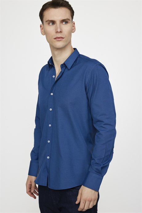 Modern Slim Fit Pamuklu Kolay Ütü Armürlü Erkek İndigo Gömlek