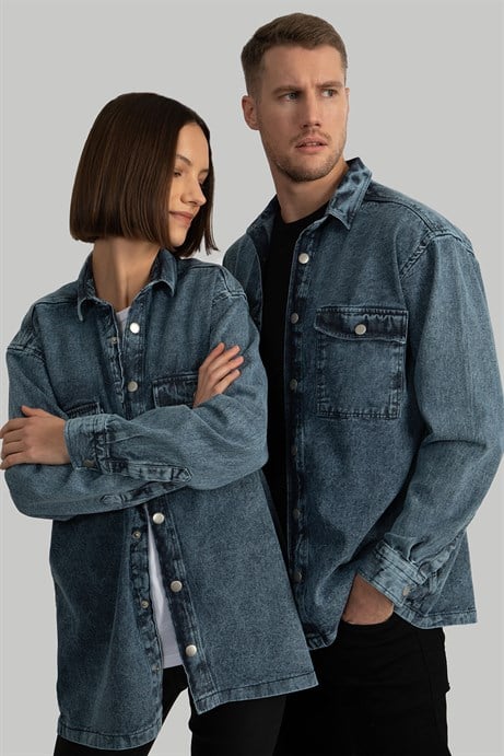 Overshırt Denim Çift Cep Kapaklı Çıtçıtlı Erkek Kot Gömlek