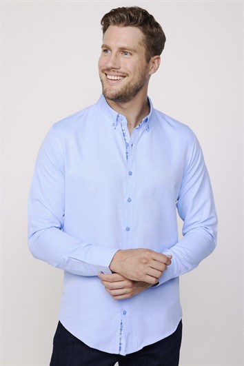 Slim Fit Pamuklu Kolay Ütü Düz Erkek Mavi Gömlek