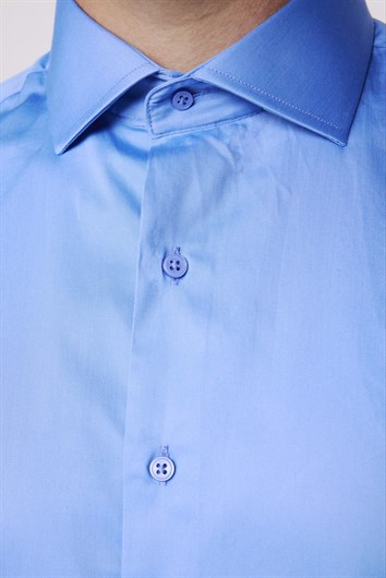 Slim Fit Koton Saten Premium Seri Erkek Mavi Gömlek