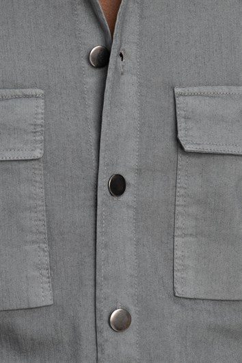 Slim Fit Uzun Kol Denim Parça Boyalı Çift Cep Kapaklı Metal Düğme Erkek Gömlek