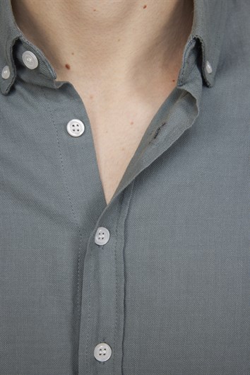 Slim Fit Uzun Kol Biyeli Yaka Düğmeli Keten Erkek Gömlek