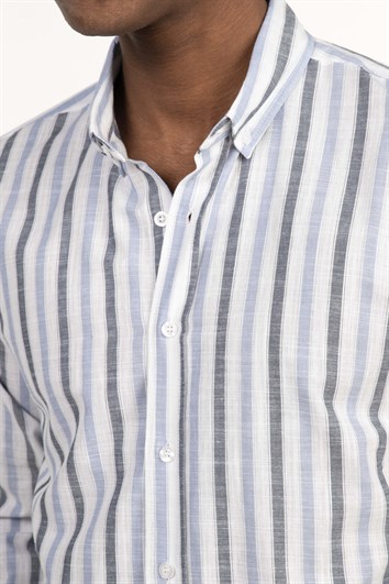 Slim Fit Uzun Kol Çizgili Keten Düğmeli Yaka Spor Erkek Gömlek