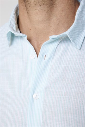 Slim Fit Uzun Kol Çizgili Yaka İçi Biyeli Ketenli Erkek Turkuaz Gömlek