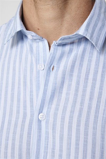 Slim Fit Uzun Kol Çizgili Yaka İçi Biyeli Ketenli Erkek Mavi Gömlek