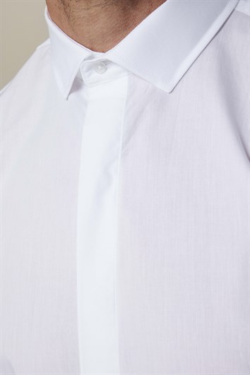 Slim Fit Uzun Kol Gizli Pat %100 Pamuk Poplin Düz Gömlek