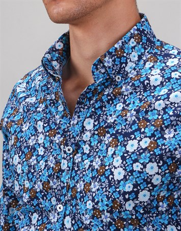 Extra Dar Kesim Mavi Çiçek Baskılı Erkek Gömlek