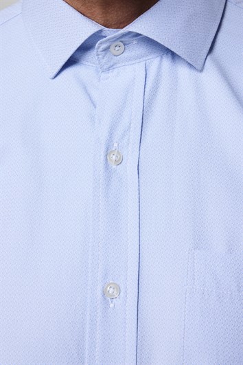 Klasik Fit Armürlü Kravatlık Yaka Desenli Erkek Mavi Gömlek