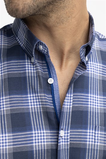 Klasik Fit Ekoseli Biyeli Yaka Düğmeli Erkek Gömlek