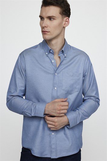Klasik Fit Uzun Kol Düz Yaka Düğmeli Cepli Erkek Gömlek