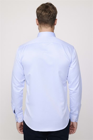 Modern Slim Fit Pamuklu Kolay Ütü Armürlü Erkek Mavi Gömlek