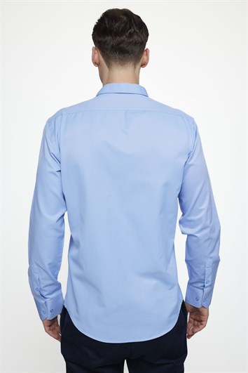 Modern Slim Fit Düz Saten Pamuklu Erkek Mavi Gömlek