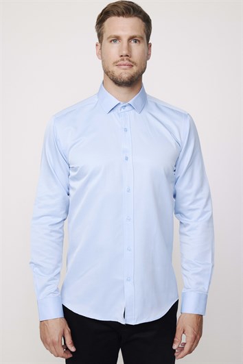 Modern Slim Fit Düz Saten Pamuklu Erkek Sax Mavi Gömlek