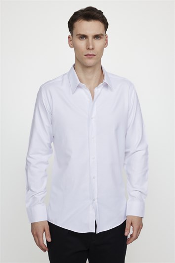 Modern Slim Fit Pamuklu Kolay Ütü Armürlü Erkek Beyaz Gömlek