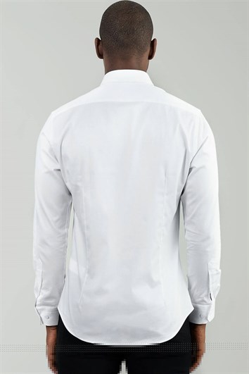 Süper Slim Fit Likralı Beyaz Düz Saten Erkek Gömlek