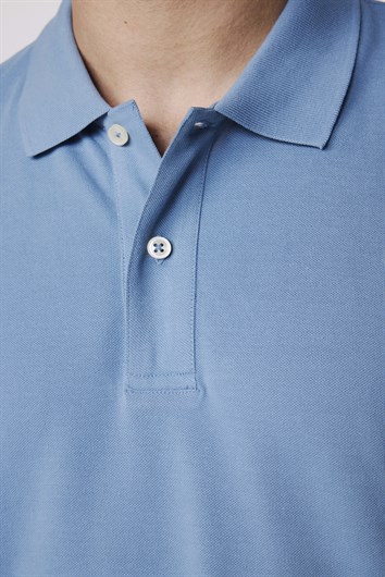 Erkek Polo Yaka Slim Fit Düz Pamuk Pike Mavi Tişört